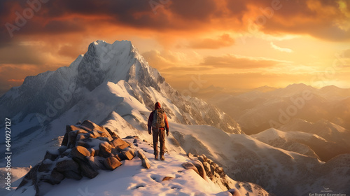 Alpenglow Majesty: Skiers on Summit at Sunset in the Mountains, generative ai 