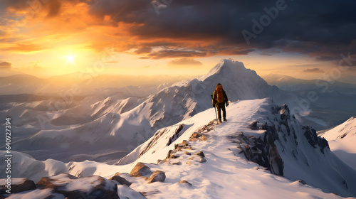 Embracing Winter Wonders: Hiker's Adventure Amidst Snow-Covered Alpine Peaks and Majestic Mountain Landscapes, generative ai  © Marc