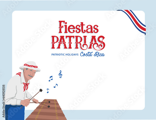 VECTORS. Editable banner for the Patriotic Holidays in Costa Rica, Independence Day, September. Costa Rican man playing the marimba (musical instrument), playing folkloric music