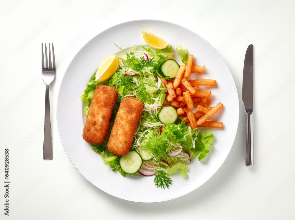 Fried fish sticks on a white plate with salad and dressing on a plate.