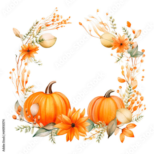 Watercolor style thanksgiving theme frame with pumpkins and autumn leaves over isolated transparent background