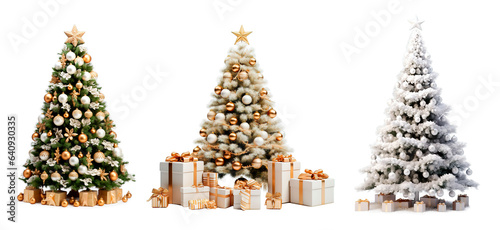 Set of three delicate Christmas trees in soft tones over isolated transparent background