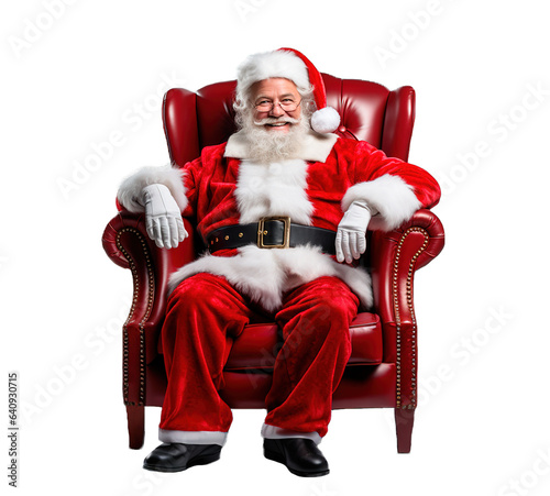 Santa Claus sitting on a leather chair and smiling to the camera. Isolated transptent background