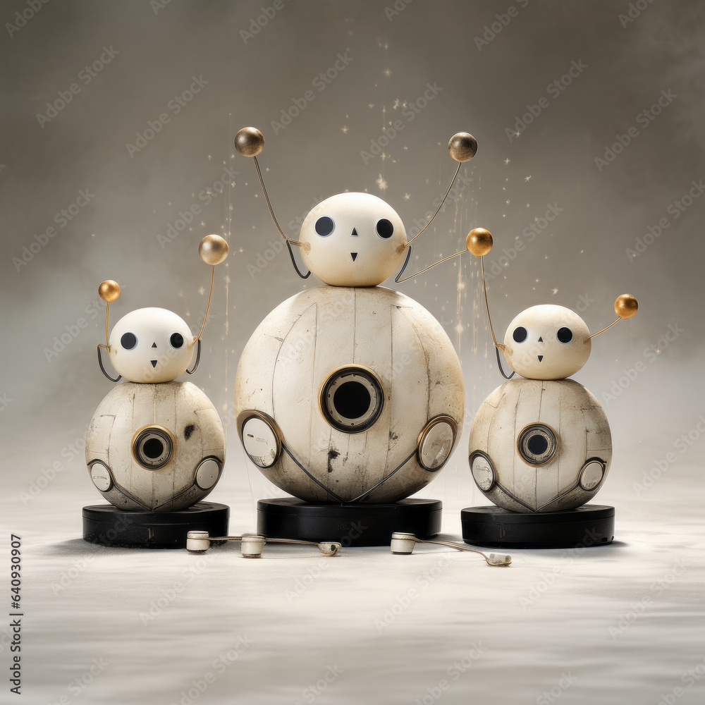 Obraz premium Creative Christmas composition of three cute little robots with headphones. Xmas and New Year winter holidays concept.