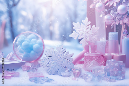 soft pastel winter scene with perfumes and flowers. Winter self care and cosmetics concept.
