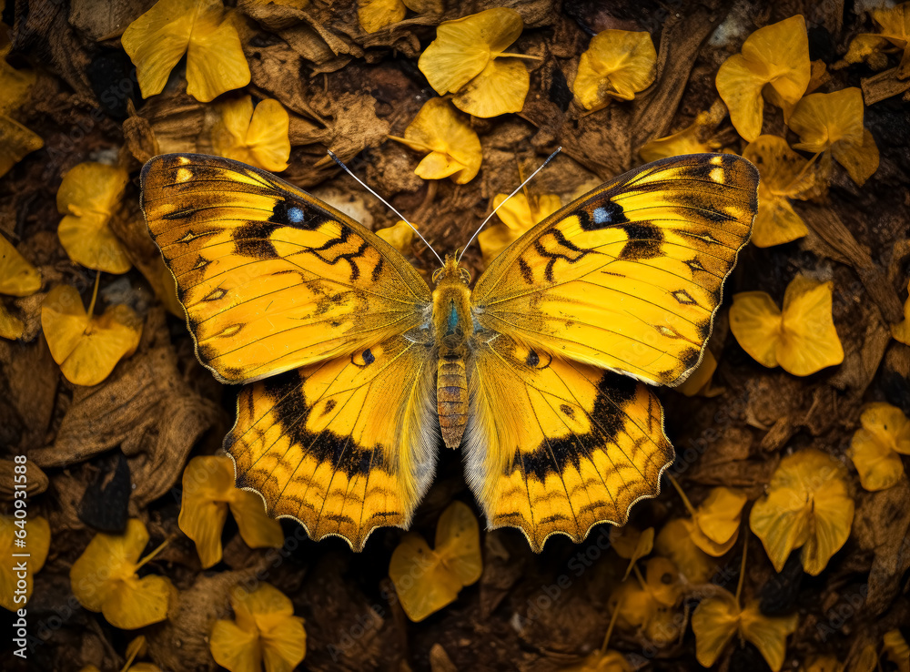 Large yellow butterfly is resting on a the ground, an orange butterfly