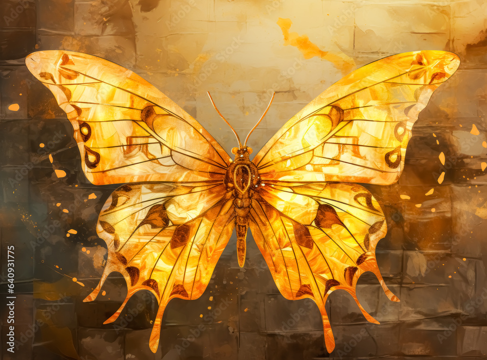 Large yellow butterfly is resting on a the ground, an orange butterfly