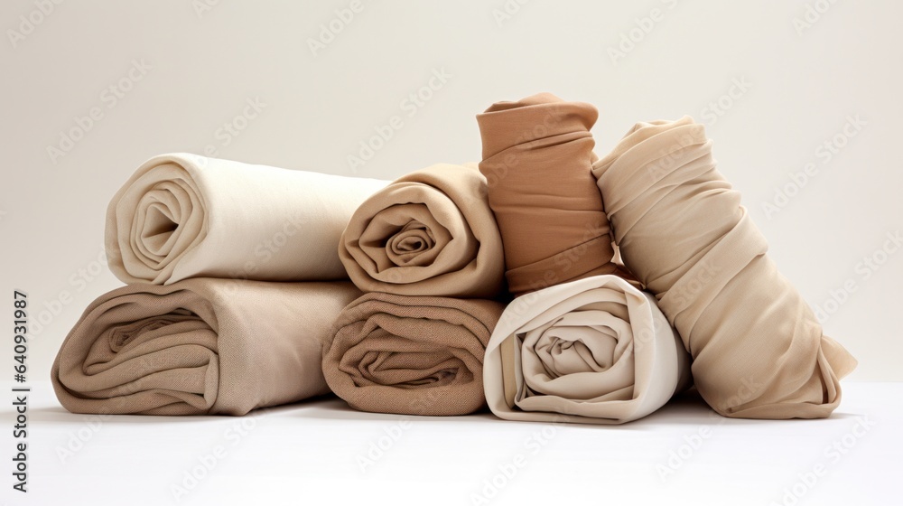 Rolls of beige color fabric on white table. Shades of brown colored. - obrazy, fototapety, plakaty 