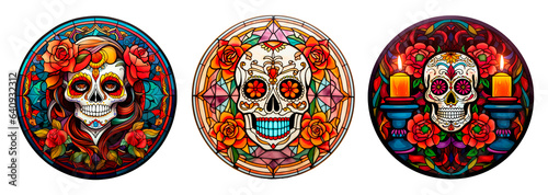 Dia de los muertos designed stained glasses art over isolated transparent background