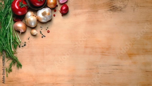 Cooking flat layout of wooden table with some vegetables with copy space