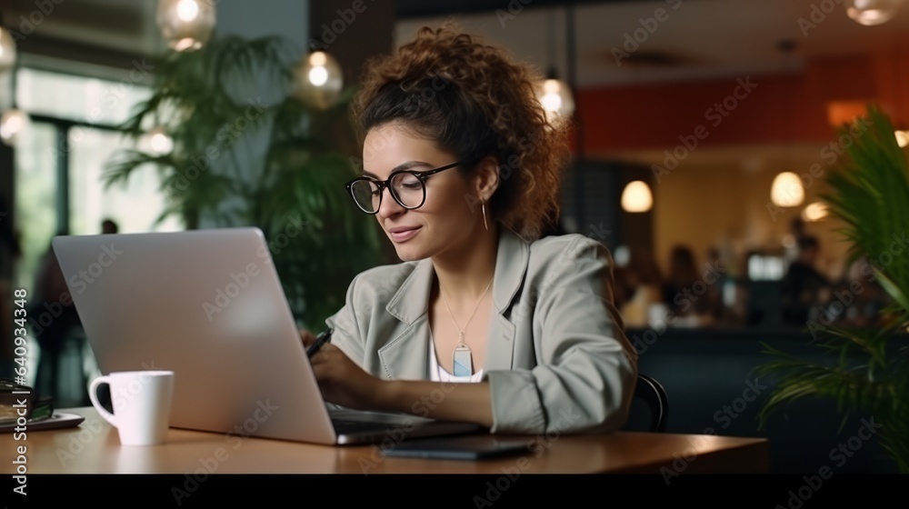 Photo of a woman working on a laptop at a table Photo of a woman working on a laptop at a table