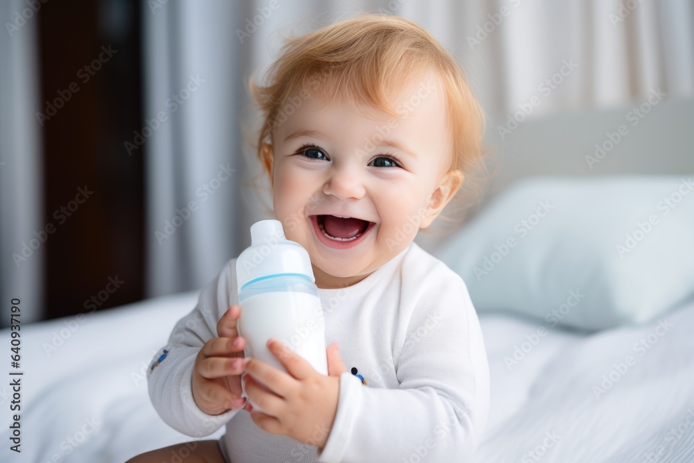 cute happy little baby holding a feeding bottle with milk and smiling. Milk formula for babies cute happy little baby holding a feeding bottle with milk and smiling. Milk formula for babies