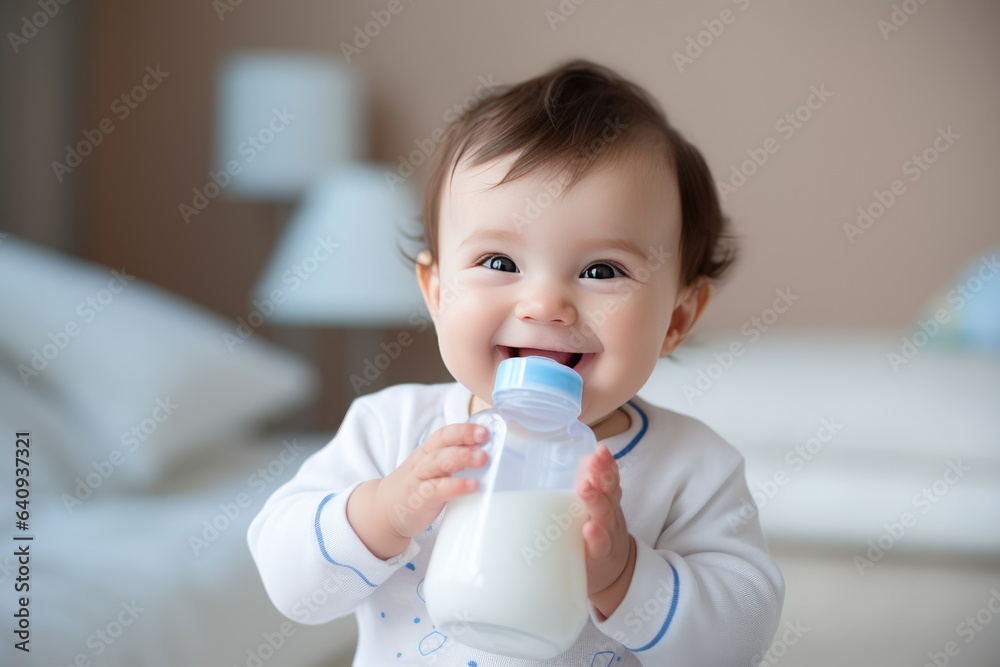 cute happy little baby holding a feeding bottle with milk and smiling. Milk formula for babies cute happy little baby holding a feeding bottle with milk and smiling. Milk formula for babies