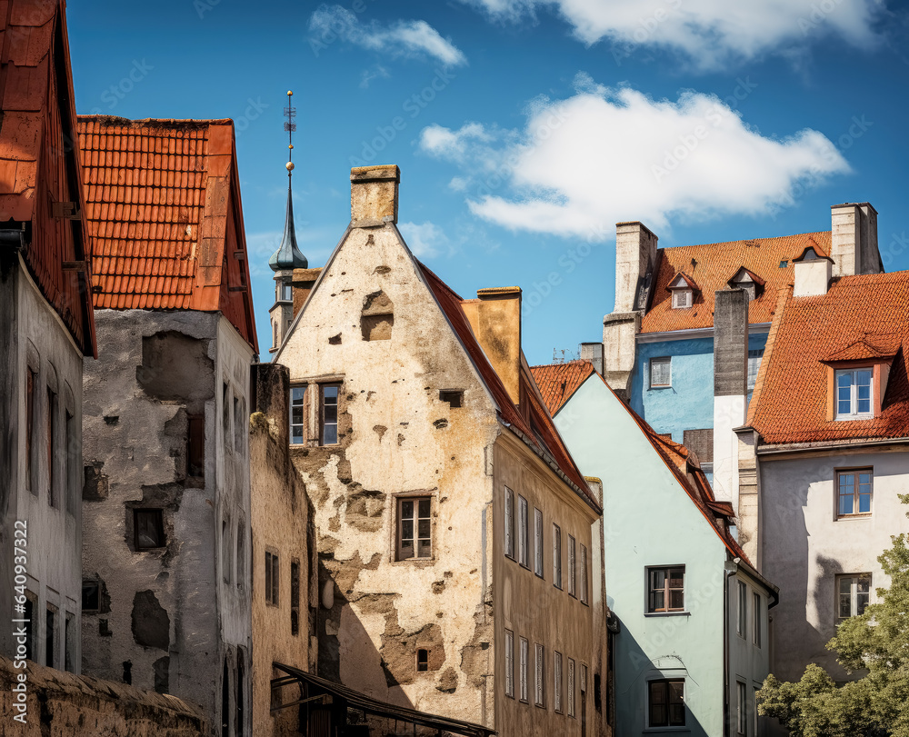 Fototapeta premium The old buildings in Tallinn, Germanic town, contemporary take on medieval art, realistic blue skies, gothic architecture.
