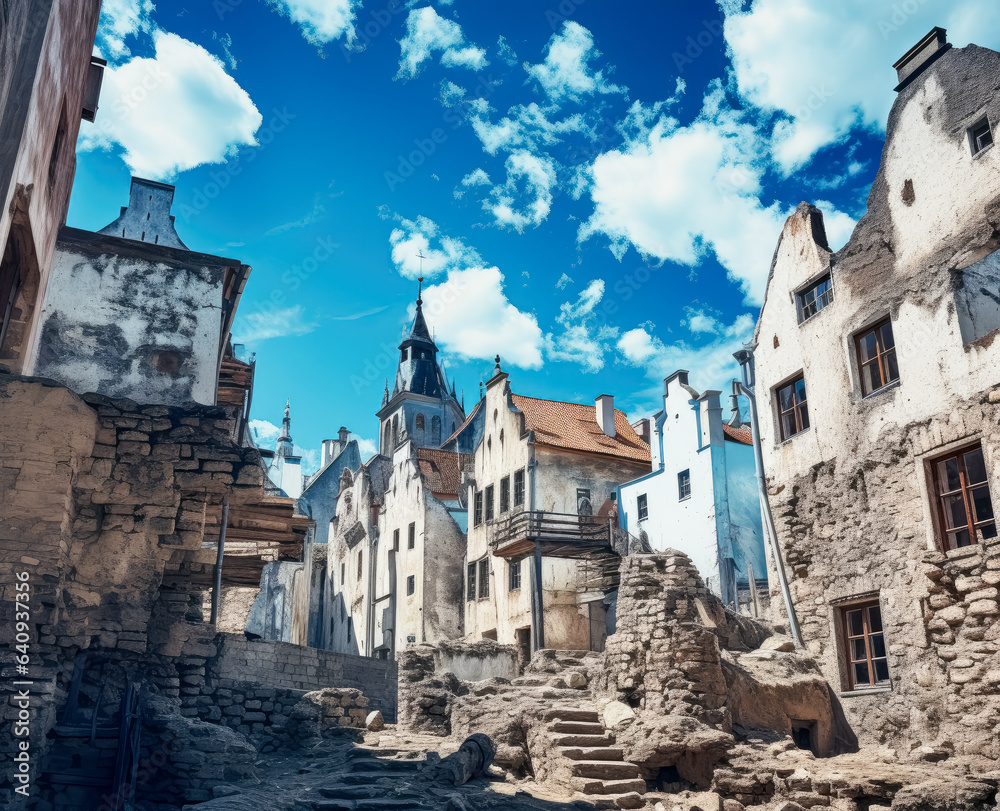Fototapeta premium The old buildings in Tallinn, Germanic town, contemporary take on medieval art, realistic blue skies, gothic architecture.