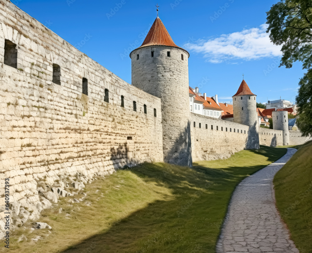 Large stone towers in Tallinn, medieval-inspired.
