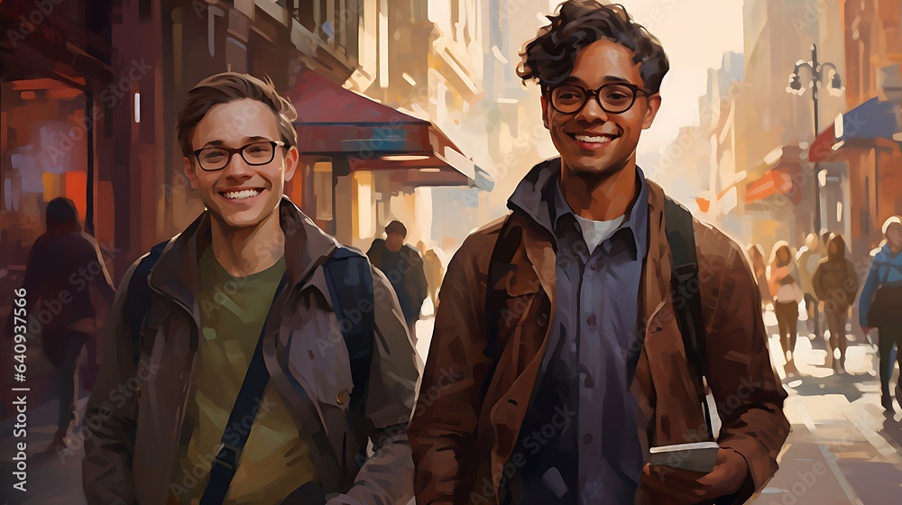 Obraz premium Portrait of two young men smiling while walking in the city.