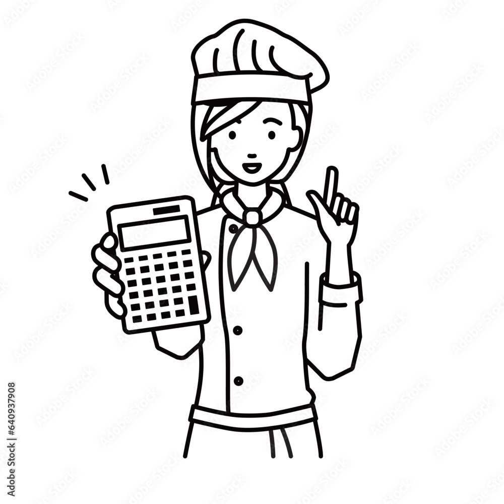 a woman cook recommending, proposing, showing estimates and pointing a calculator with a smile a woman cook recommending, proposing, showing estimates and pointing a calculator with a smile