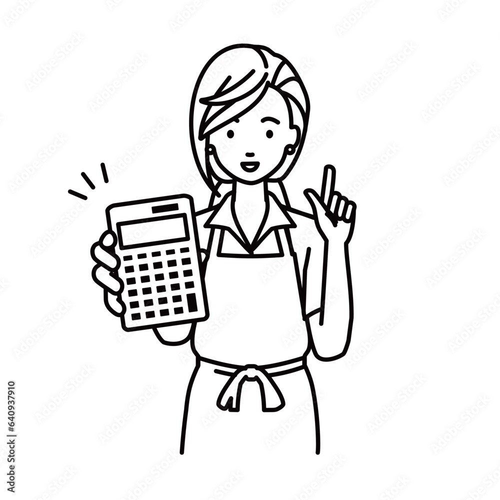 a woman in cafe apron recommending, proposing, showing estimates and pointing a calculator with a smile a woman in cafe apron recommending, proposing, showing estimates and pointing a calculator with a smile