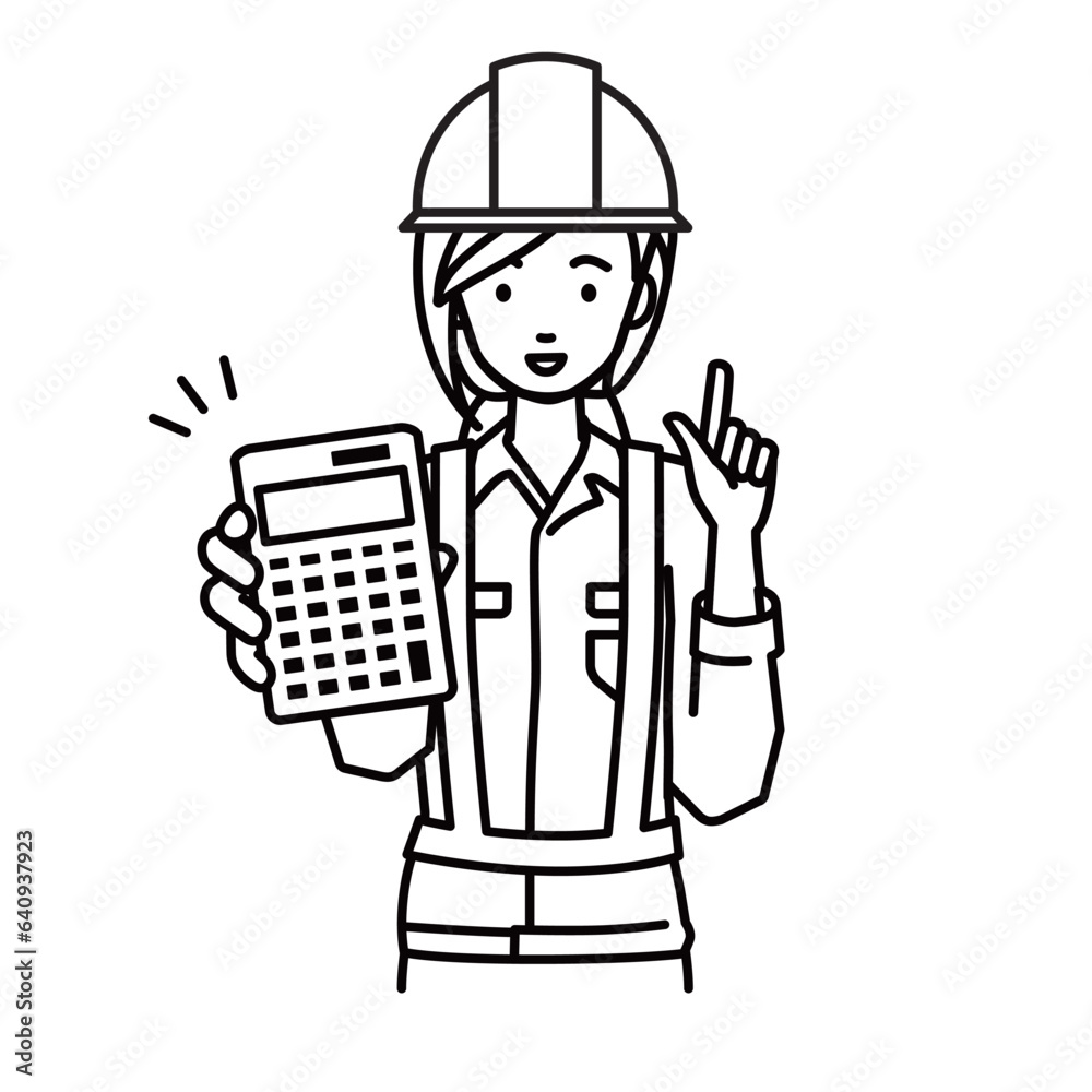 a woman working at construction sites recommending, proposing, showing estimates and pointing a calculator with a smile