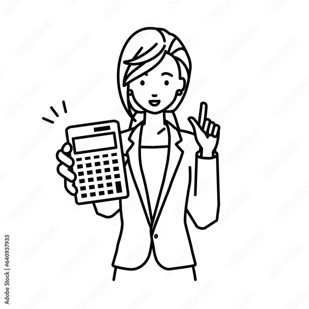 a woman in business suit style recommending, proposing, showing estimates and pointing a calculator with a smile a woman in business suit style recommending, proposing, showing estimates and pointing a calculator with a smile