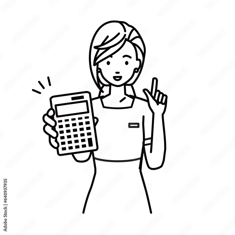 an esthetician, receptionist woman recommending, proposing, showing estimates and pointing a calculator with a smile an esthetician, receptionist woman recommending, proposing, showing estimates and pointing a calculator with a smile