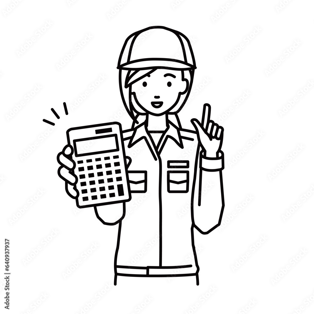 a blue-collar worker woman recommending, proposing, showing estimates and pointing a calculator with a smile
