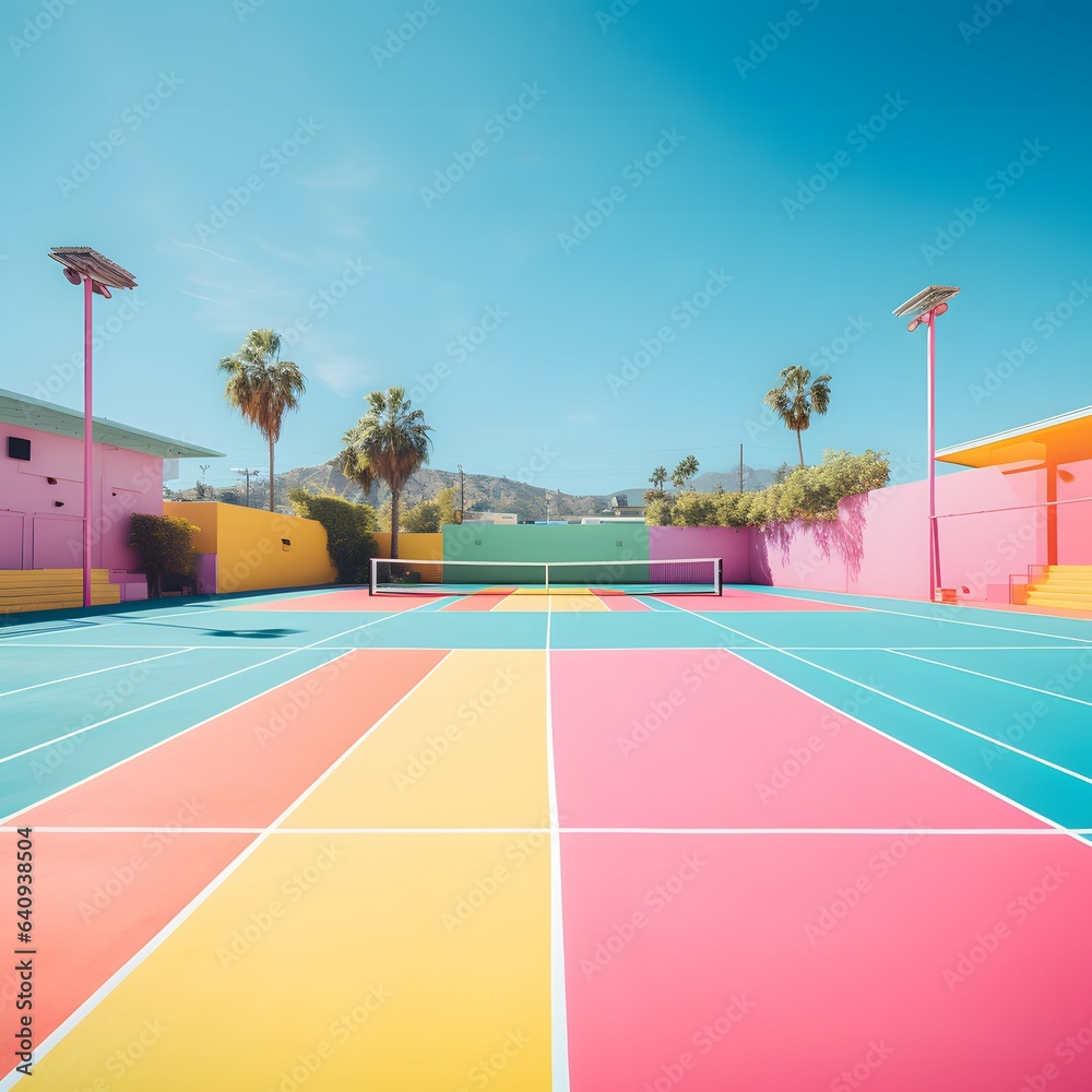 A vibrant summer photo showcases a tennis and pickleball court, bursting with energy and color