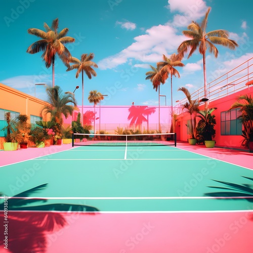 A vibrant summer photo showcases a tennis and pickleball court, bursting with energy and color