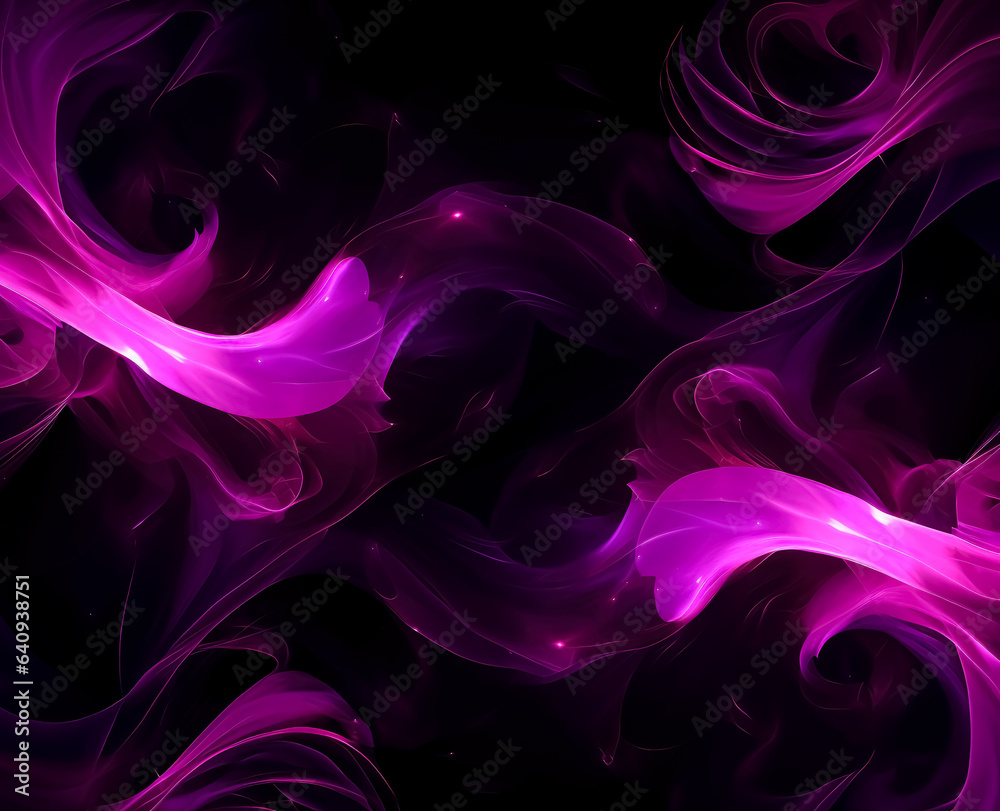 Obraz premium Black background with purple feathers, pink and black, swirling vortexes, focus stacking, fractalize, spirals, sharp & vivid colors, purple fractal artwork, small brushstrokes.