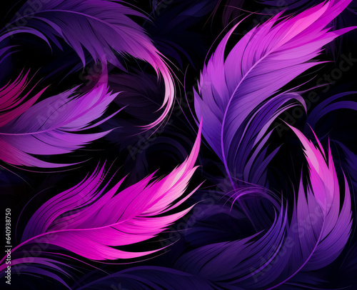 Black background with purple feathers, pink and black, swirling vortexes, focus stacking, fractalize, spirals, sharp & vivid colors, purple fractal artwork, small brushstrokes.