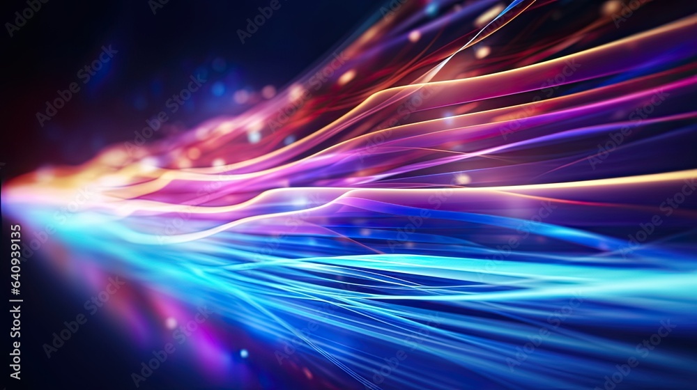 Abstract futuristic background with purple and blue glowing neon moving high speed wave lines and bokeh lights. Visualization of sound waves. Data transfer. Fantastic wallpaper gen by AI
