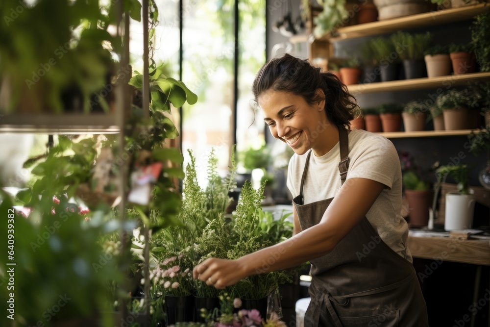 Cheerful flower arranger taking care of a plant in her shop. Generative AI Cheerful flower arranger taking care of a plant in her shop. Generative AI