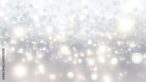 Seamless abstract white bokeh blur background texture transparent overlay. Dreamy soft focus wallpaper backdrop. Light silver grey diffuse glowing floating holiday circle dots pattern. 3d rendering.