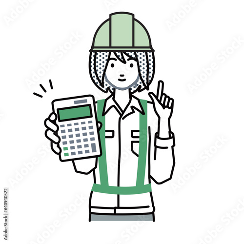 立って電卓を持ってこちらに向けて見せている工事現場の女性