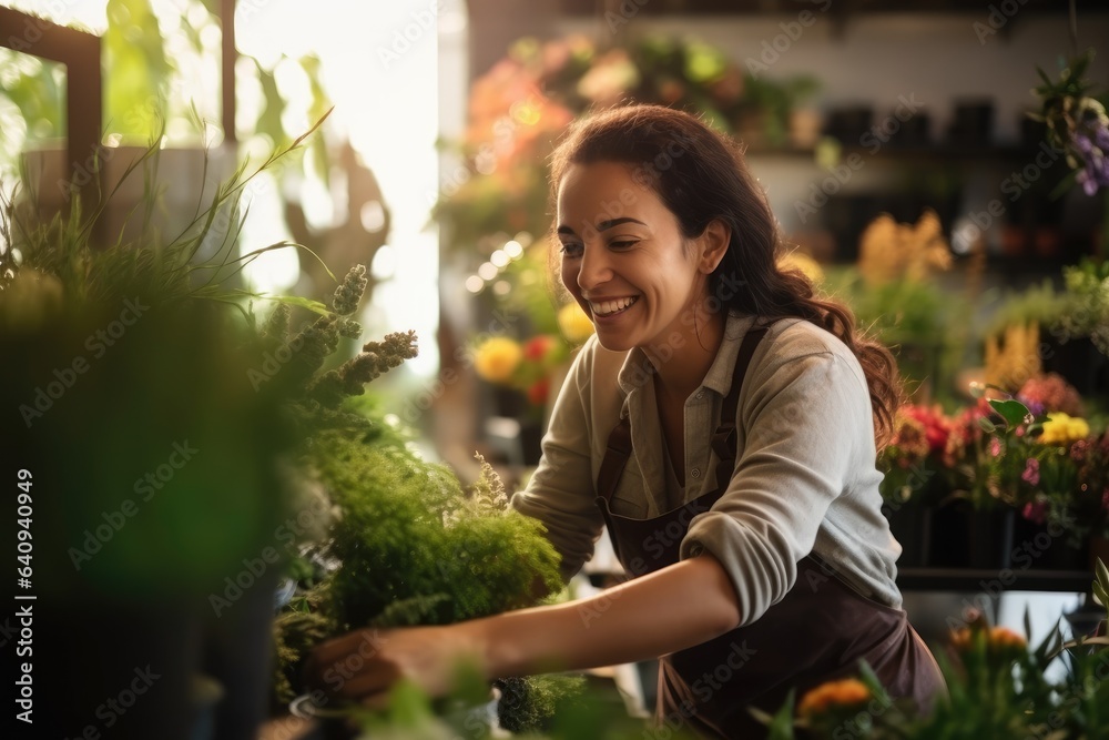 Cheerful flower arranger taking care of a plant in her shop. Generative AI Cheerful flower arranger taking care of a plant in her shop. Generative AI