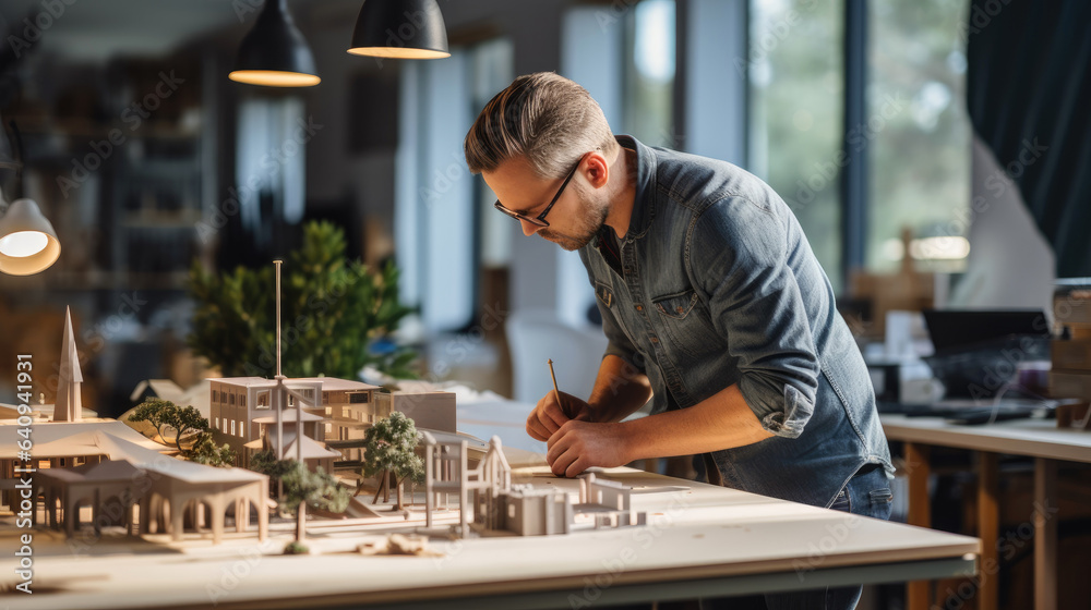 Young male architect working on a project in a coworking space. Generative AI Young male architect working on a project in a coworking space. Generative AI