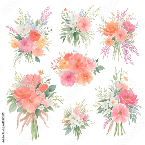 Set watercolor flowers painting  Flower bouquet colorful  flowers set for invitation  greeting card  decoration  Peony  ranunculus. Floral pastel watercolor arrangement. Isolated on white background.