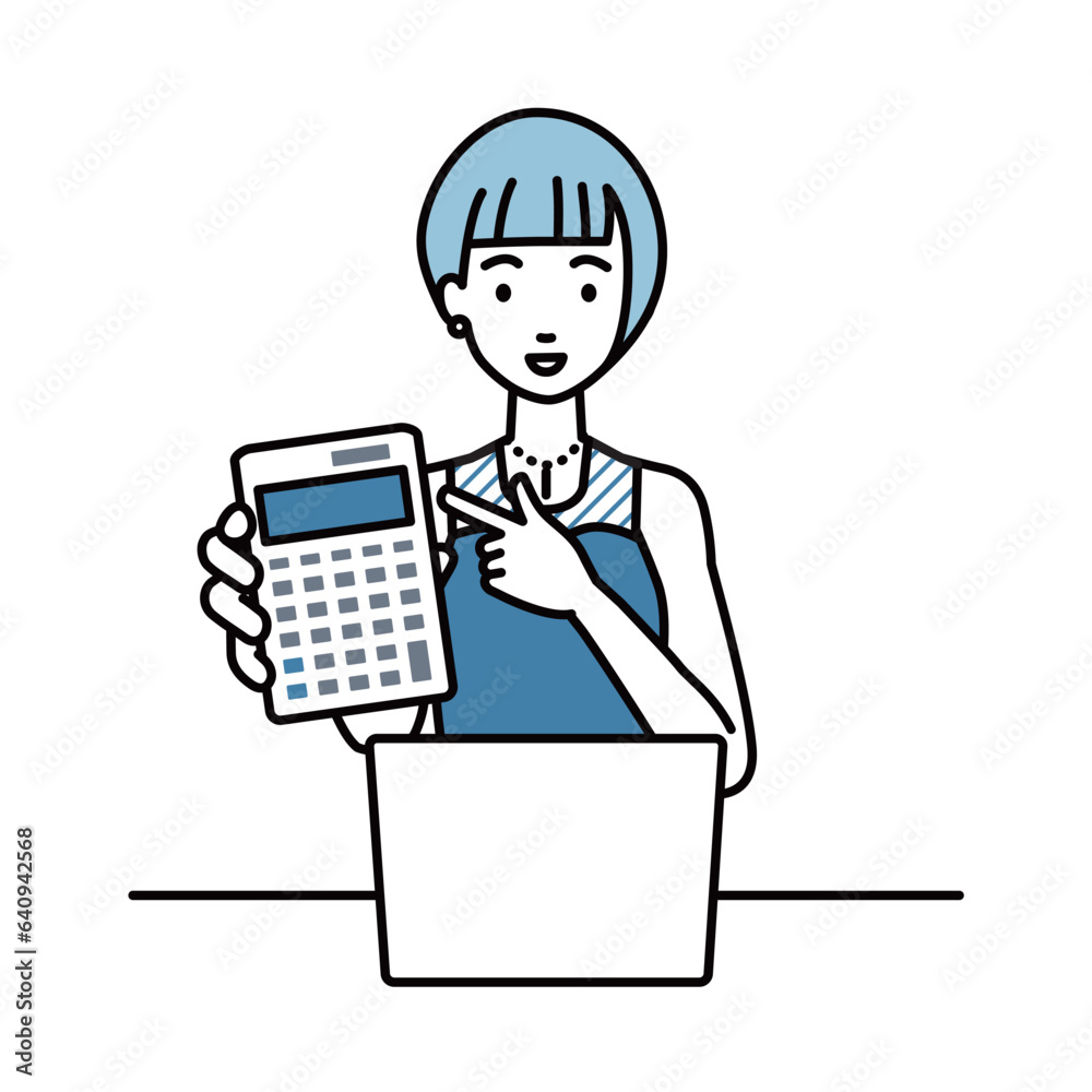 a woman in dress recommending, proposing, showing estimates and pointing a calculator with a smile in front of laptop pc a woman in dress recommending, proposing, showing estimates and pointing a calculator with a smile in front of laptop pc