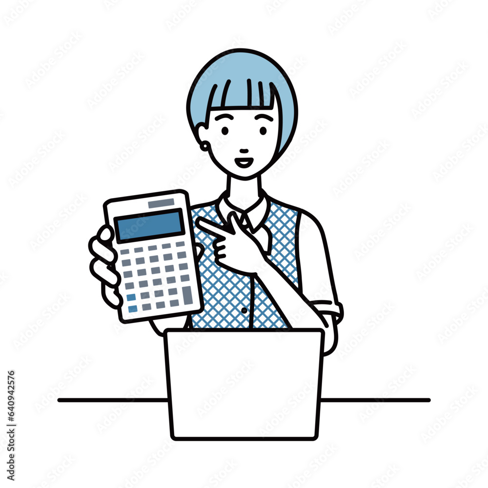 a woman in clerical uniform recommending, proposing, showing estimates and pointing a calculator with a smile in front of laptop pc a woman in clerical uniform recommending, proposing, showing estimates and pointing a calculator with a smile in front of laptop pc