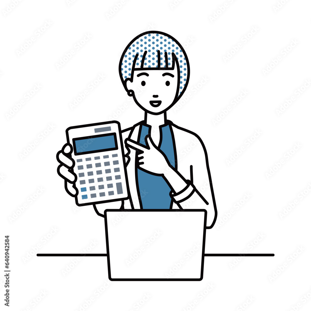 a woman in work jacket style recommending, proposing, showing estimates and pointing a calculator with a smile in front of laptop pc in front of laptop pc a woman in work jacket style recommending, proposing, showing estimates and pointing a calculator with a smile in front of laptop pc in front of laptop pc