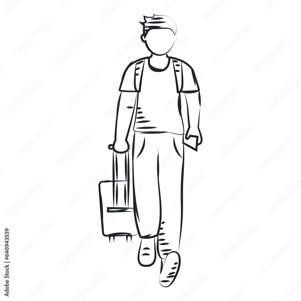 Isolated sketch of a boy character with travel bag Vector