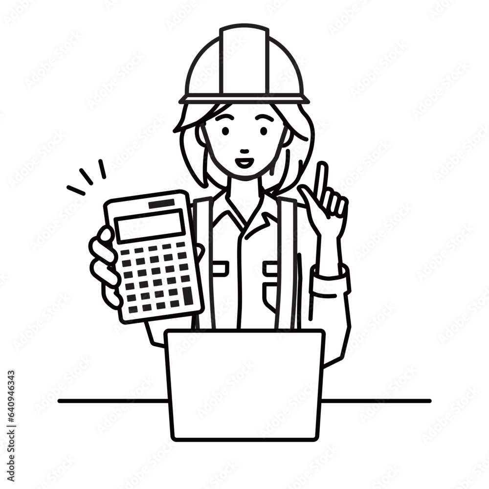 a woman working at construction sites recommending, proposing, showing estimates and pointing a calculator with a smile a woman working at construction sites recommending, proposing, showing estimates and pointing a calculator with a smile