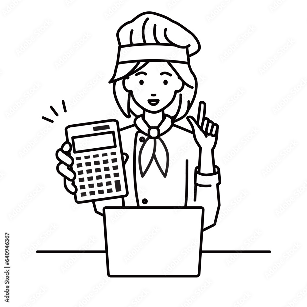 a woman cook recommending, proposing, showing estimates and pointing a calculator with a smile