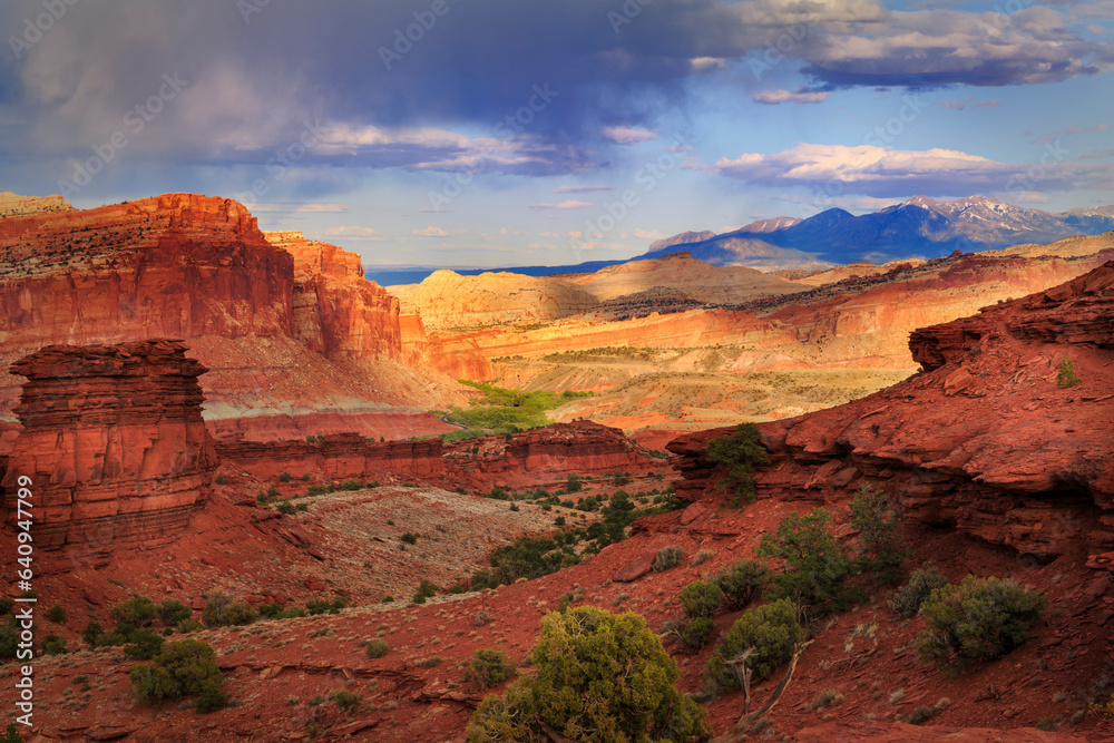View Overlooking Sulpher Creek and the Waterpocket Fold from Sunset Point in Capitol Reef National Park in Utah USA. View Overlooking Sulpher Creek and the Waterpocket Fold from Sunset Point in Capitol Reef National Park in Utah USA.