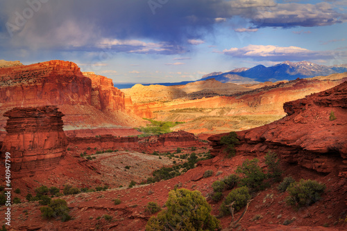 View Overlooking Sulpher Creek and the Waterpocket Fold from Sunset Point in Capitol Reef National Park in Utah USA. photo