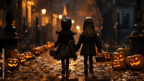 two kids in adorable creepy costumes make their way through the foggy darkness, consumed by collecting treats on Halloween night. atmospheric halloween street