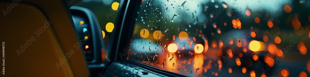 Obraz premium rain in night city ,car traffic blurred light on window,Autumn season 