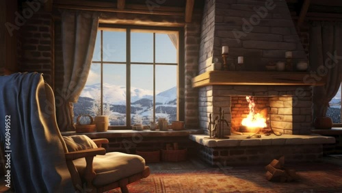 A beautiful rustic winter house interior with a majestic brick chimney with a roaring fire and falling smow. animated virtual backgrounds, stream overlay loop wallpaper photo