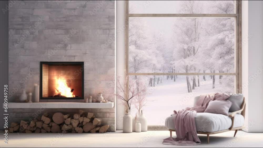 A modern winter interior with a fire place and plush armchair before the chimney and windows with light snowflakes swirling. animated virtual backgrounds, stream overlay loop wallpaper